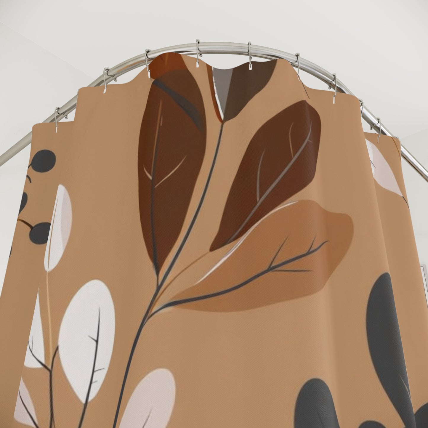 Botanical Brown Leaf Shower Curtain — Neutral Autumn Floral Bath Decor