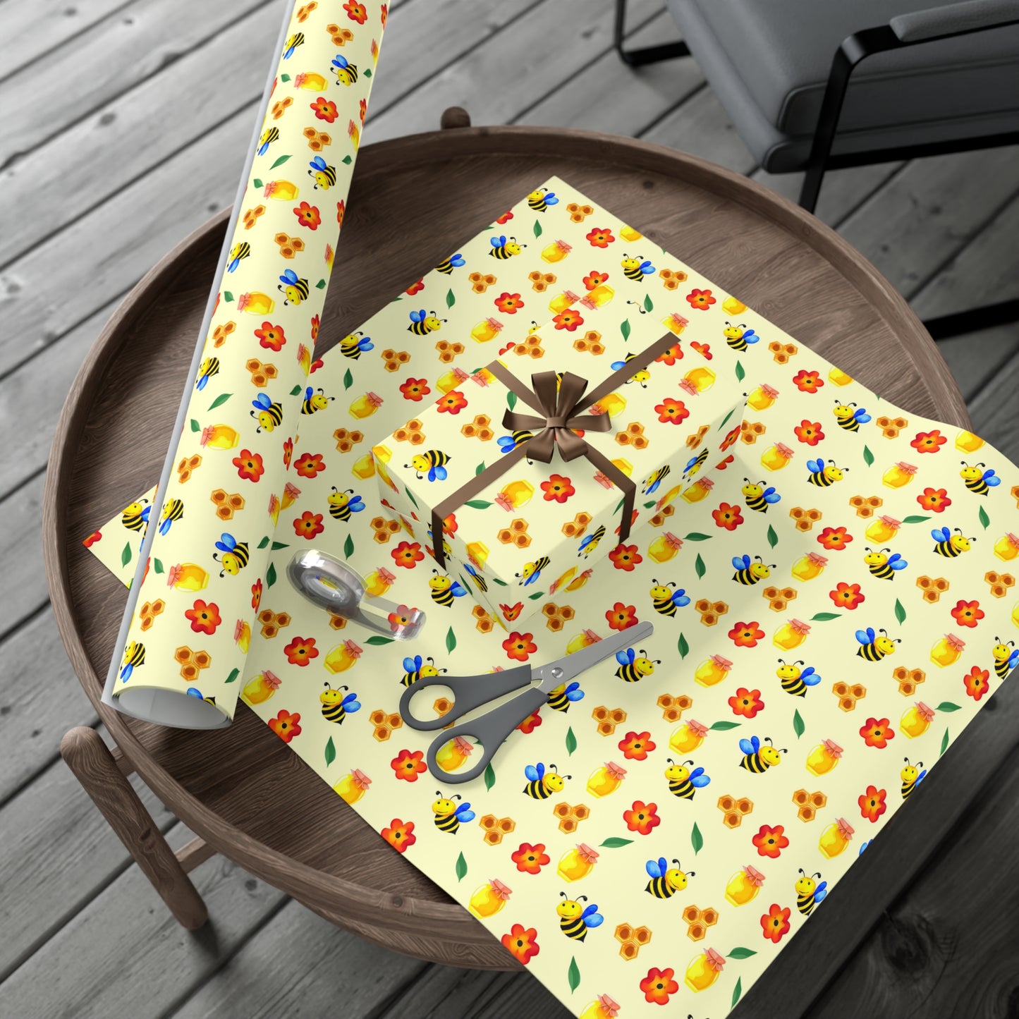 Cheerful Gift Wrap Paper, Floral and Bee Pattern, Eco-Friendly Wrap for Birthdays