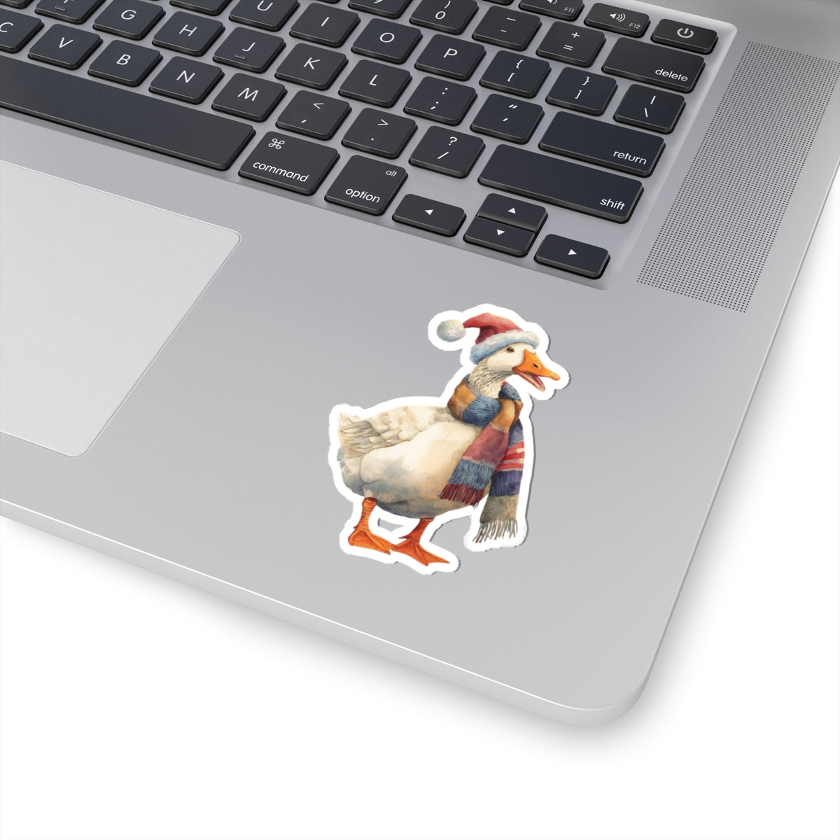 Festive Goose Kiss-Cut Sticker — Holiday Duck with Santa Hat & Cozy Scarf
