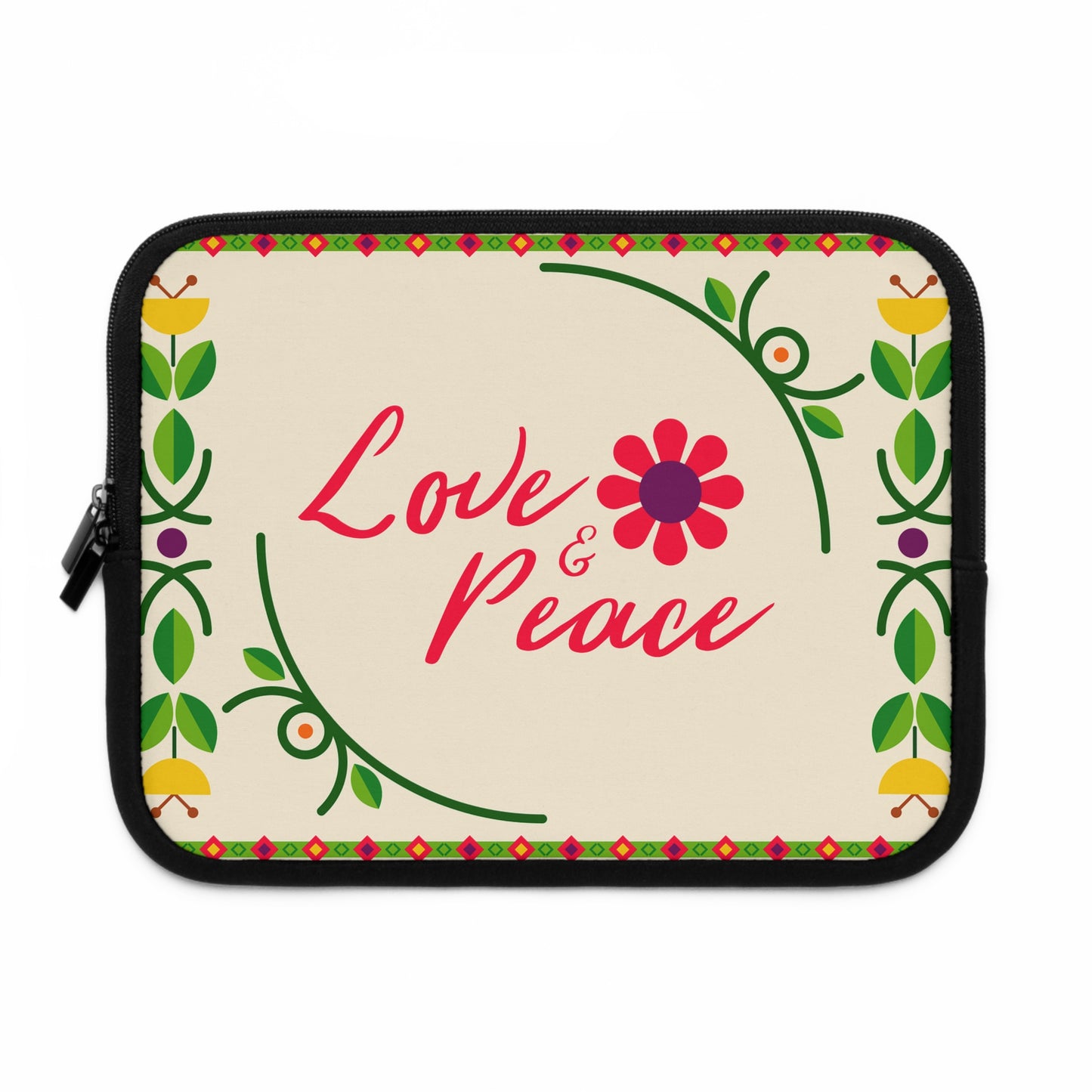 Boho Floral Laptop Sleeve - Love & Peace, Stylish Computer Case, Gift for Students, Eco-Friendly Tech Accessory, Flower Pattern