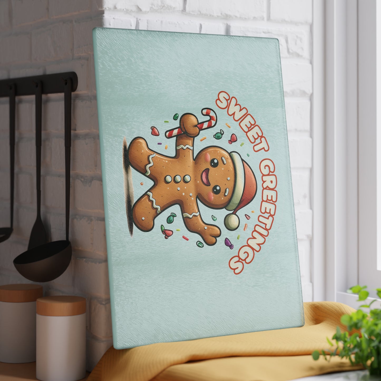 Gingerbread "Sweet Greetings" Glass Cutting Board — Festive Holiday Kitchen Decor