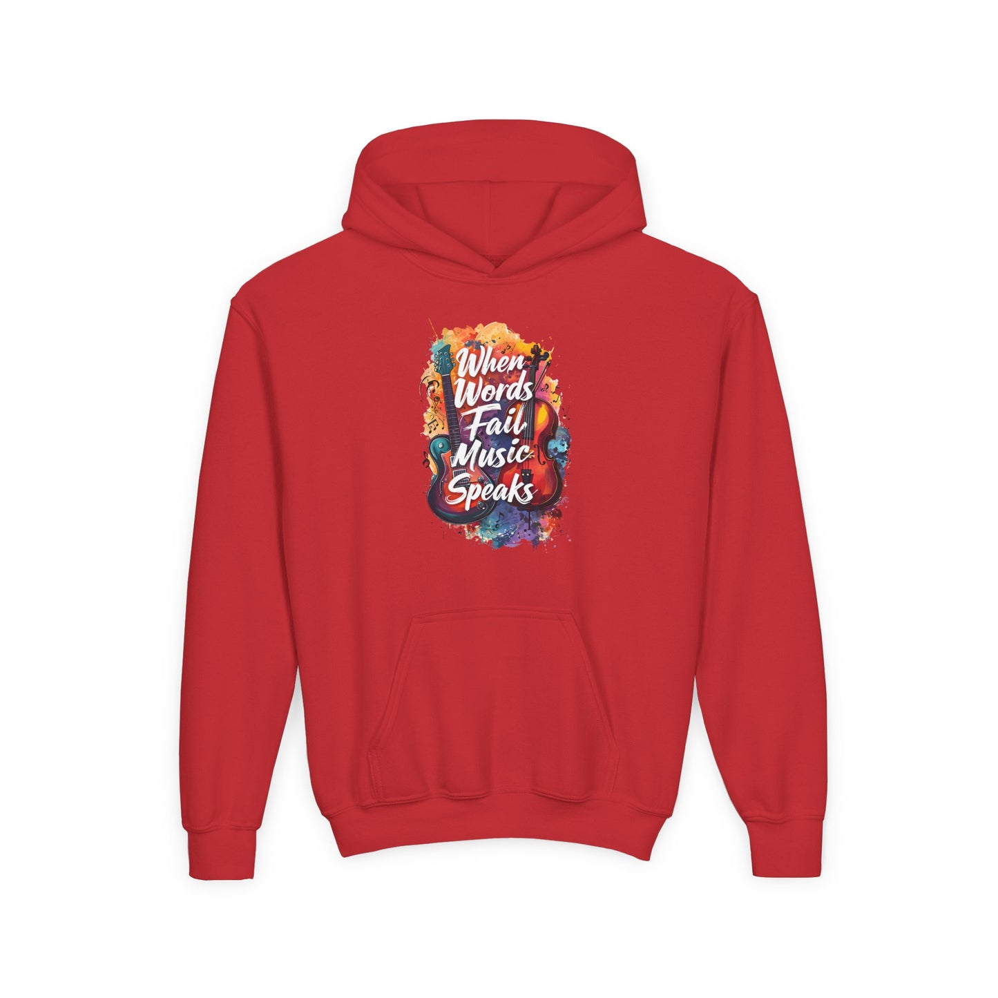 Youth Hoodie — "When Words Fail Music Speaks" Colorful Watercolor Design