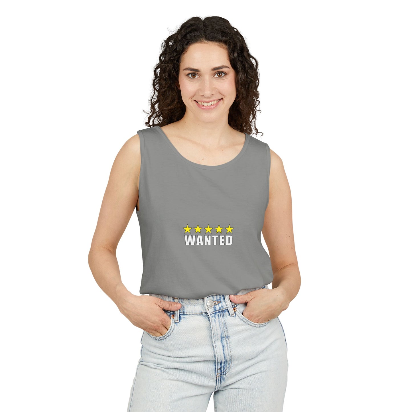5-Star "WANTED" Garment-Dyed Tank Top, Unisex Summer Shirt, Gift for Him/Her, Trendy Casual Wear, Pool Party Outfit, Unique Graphic Tee