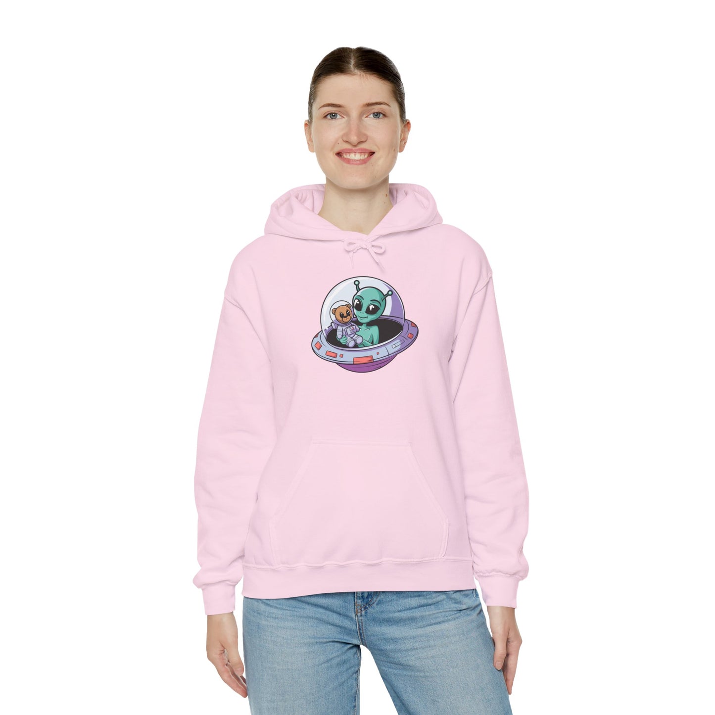 Cute Alien and Kid Hoodie, Unisex Heavy Blend Sweatshirt, UFO Lover Gift, Halloween Costume, Space-Themed Outfit, Birthday Present