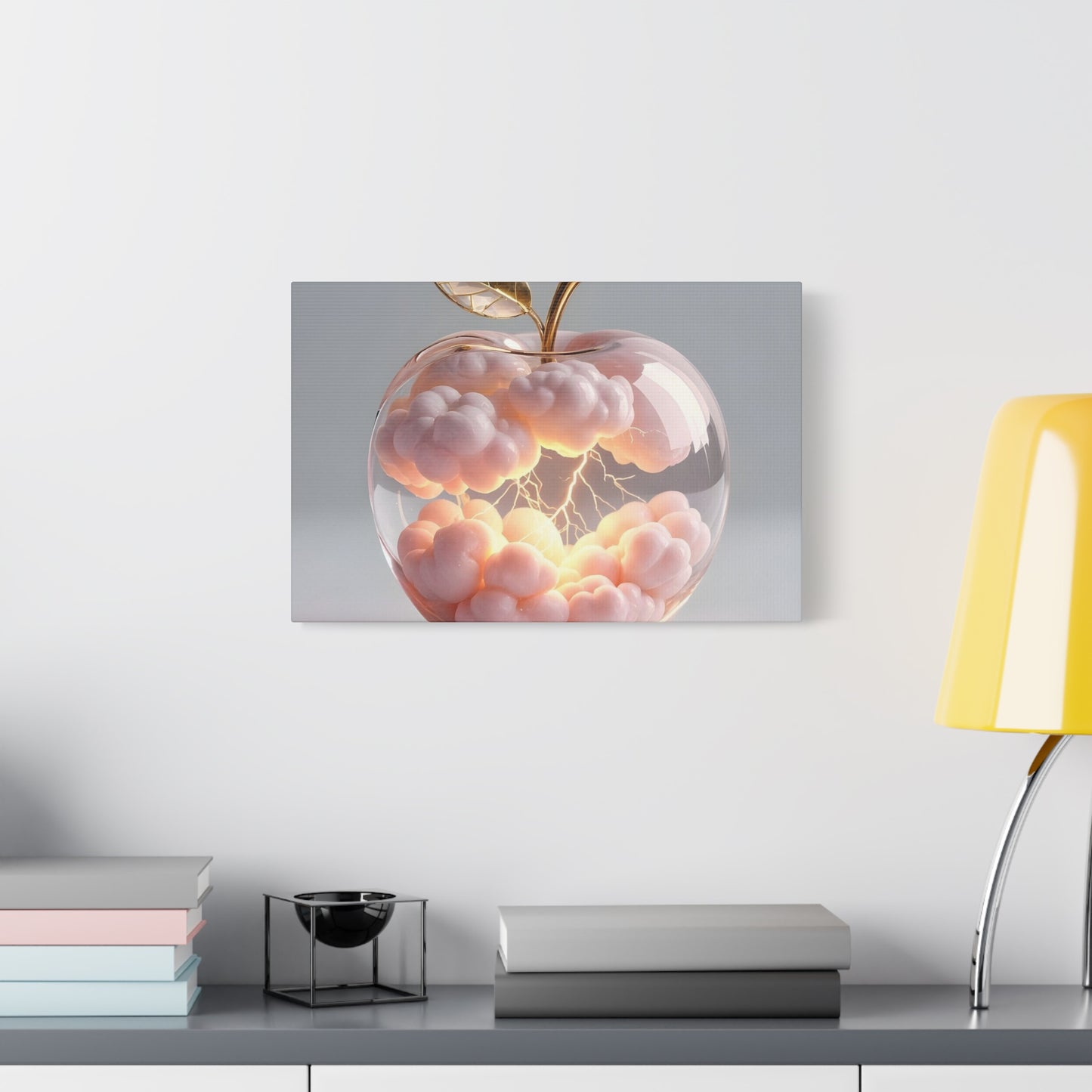 Surreal Glass Apple Canvas – Lightning & Pink Clouds Wall Art