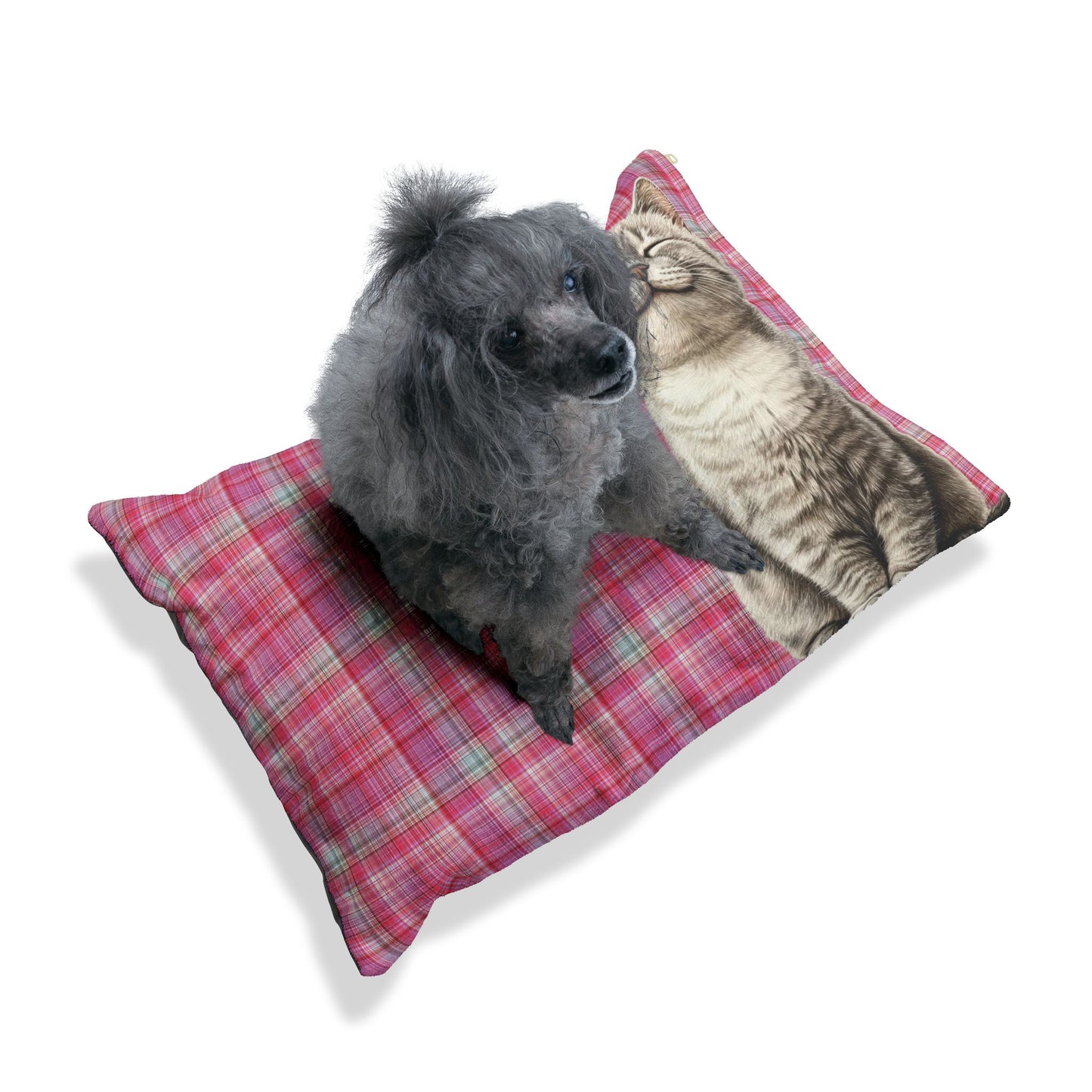 Smiling Gray Cat Plaid Pet Bed — Cozy Pink Cat Bed for Cats & Kittens