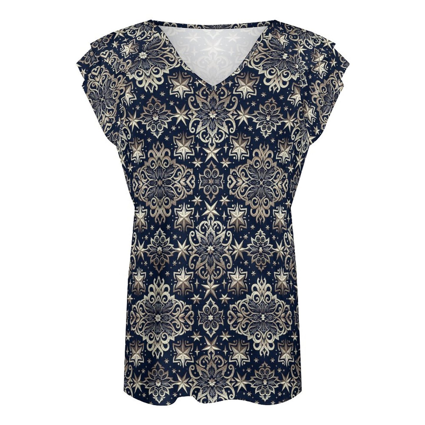 Cooling Polyester Ruffle V-Neck T-Shirt