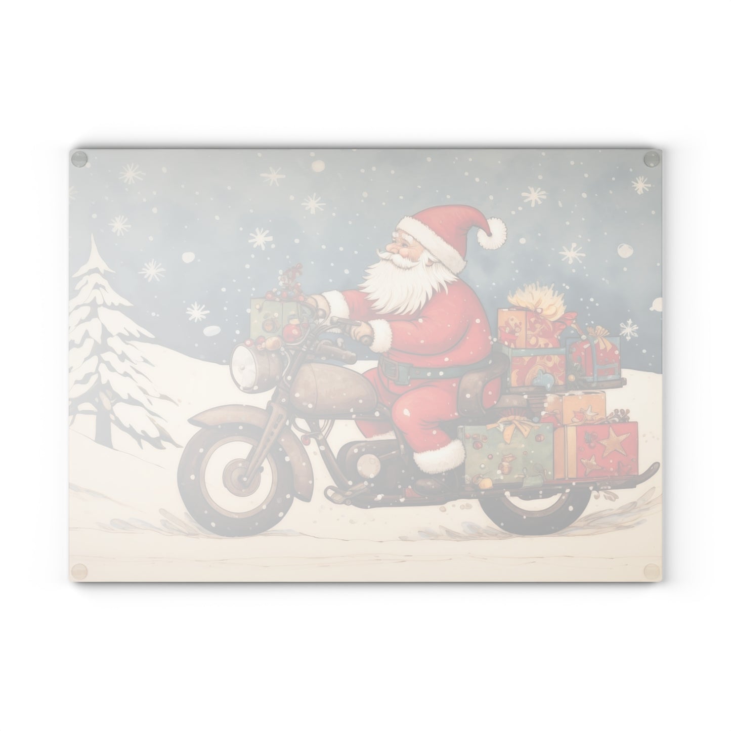 Festive Santa Motorcycle Glass Cutting Board, Holiday Kitchen Decor, Christmas Gift, Unique Cookware, Santa Gift Idea