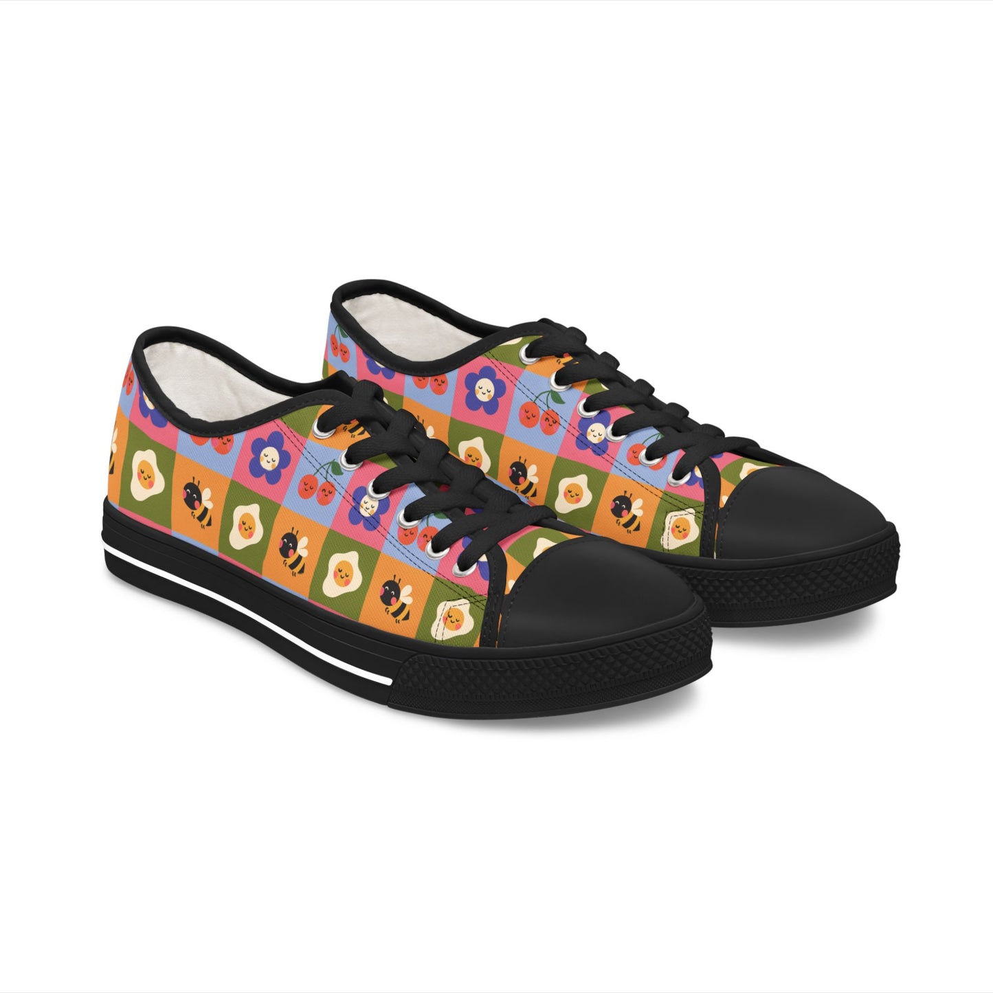 Women's Low Top Sneakers — Retro Floral & Bee Checkerboard Printed Casual Shoes