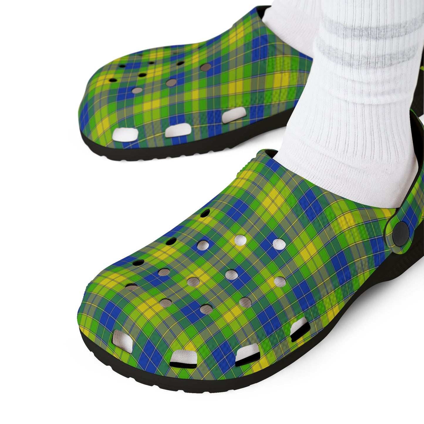 Plaid Green & Blue EVA Foam Clogs — Lightweight Garden & Beach Shoes