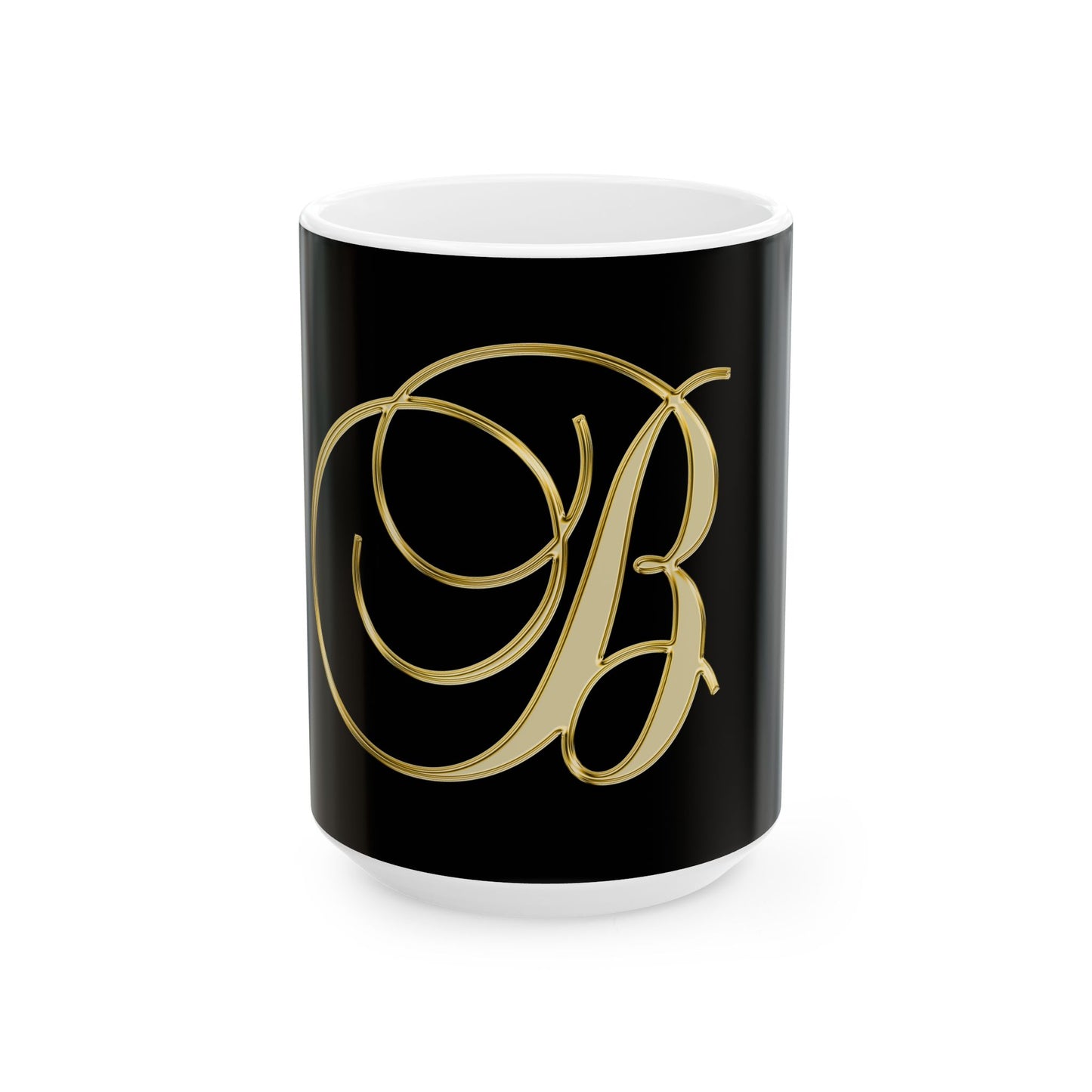 Monogram B Ceramic Mug — Elegant Gold Script Initial on Black (11oz, 15oz)