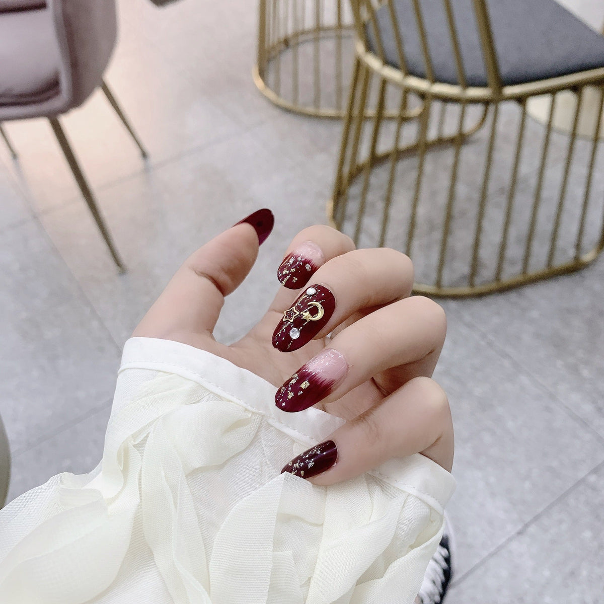 365nails: "Crimson Velvet Night" – 3D Moon & Star Handmade Medium Almond Nails – Image 2