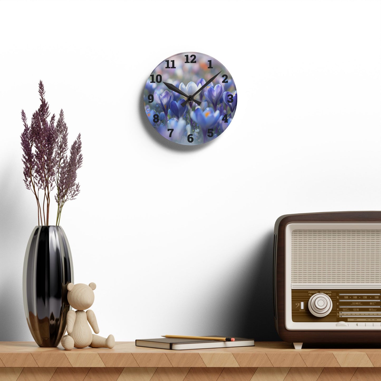 Elegant Floral Acrylic Wall Clock, Home Decor, Wall Art, Gift for Her