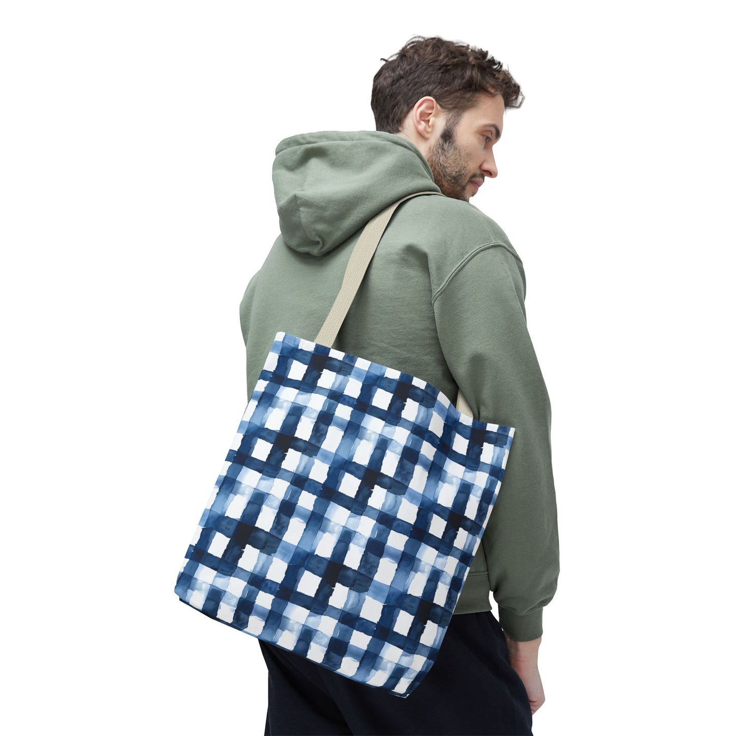 Blue Watercolor Plaid Tote Bag — Navy Check Pattern All-Over Print
