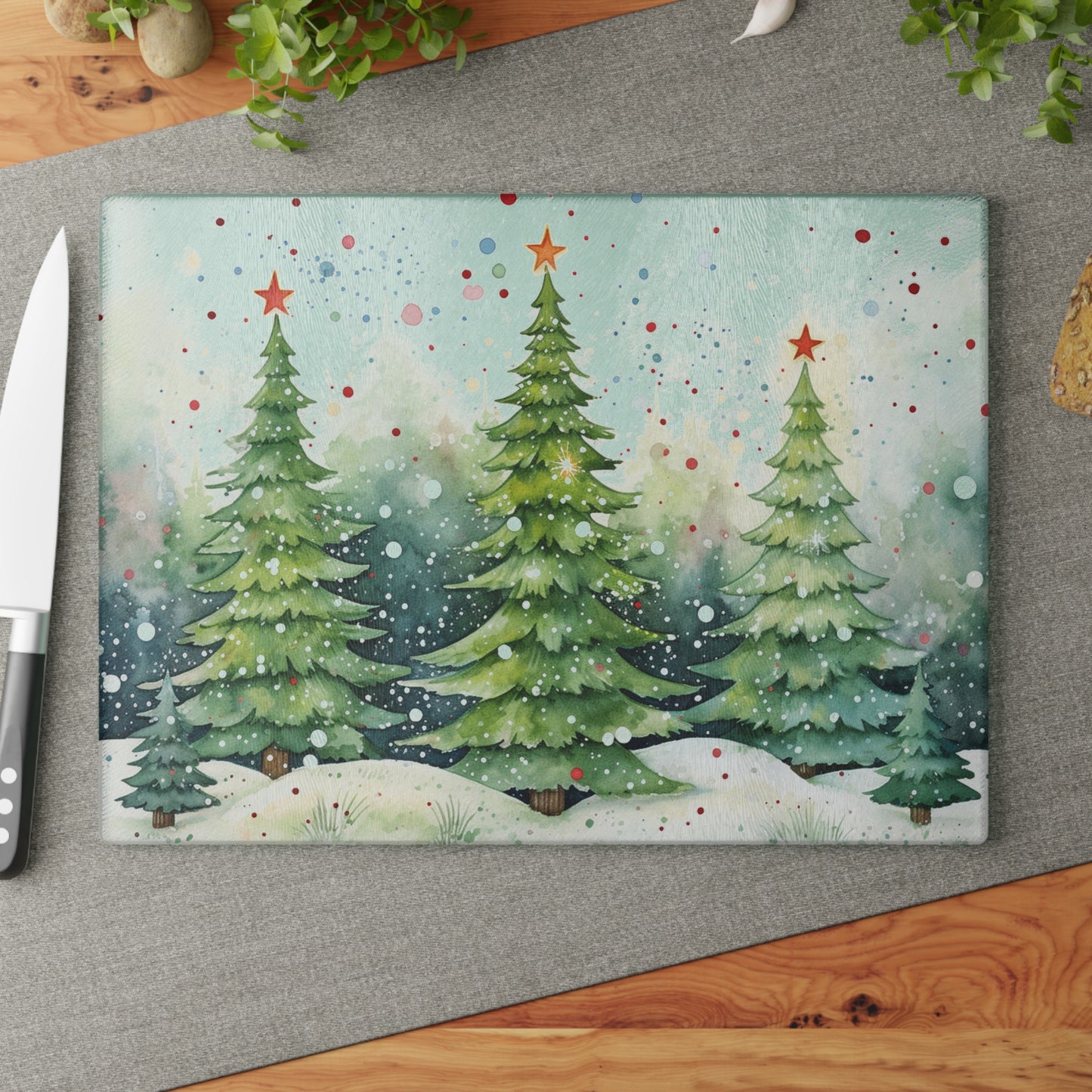 Glass Cutting Board — Watercolor Christmas Trees Holiday Kitchen Decor