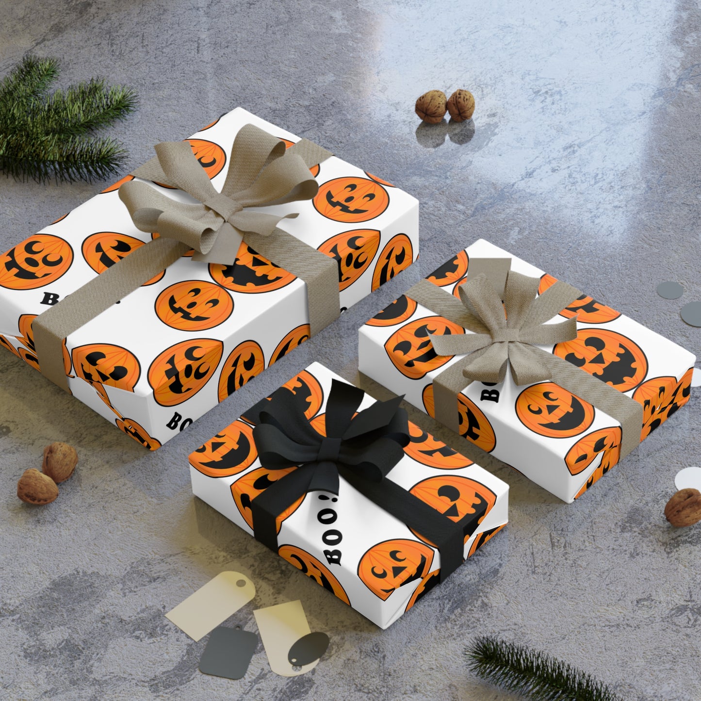 Halloween Gift Wrapping Paper Roll, Spooky Pumpkin Design for Kids, Boo! Pattern, Holiday Party Supplies, Trick or Treat Decor