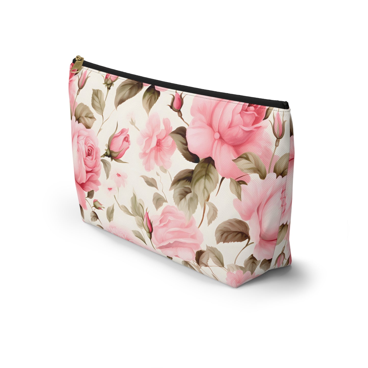 Floral Rose Accessory Pouch - Pink Vintage Cosmetic Bag with T-Bottom