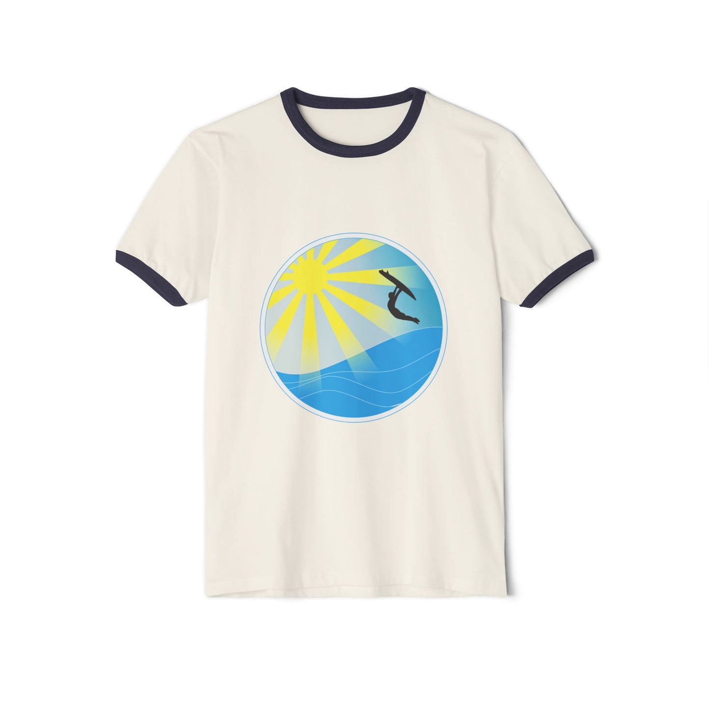 Surf Circle Ringer T-Shirt – Sunny Wave & Surfer Graphic