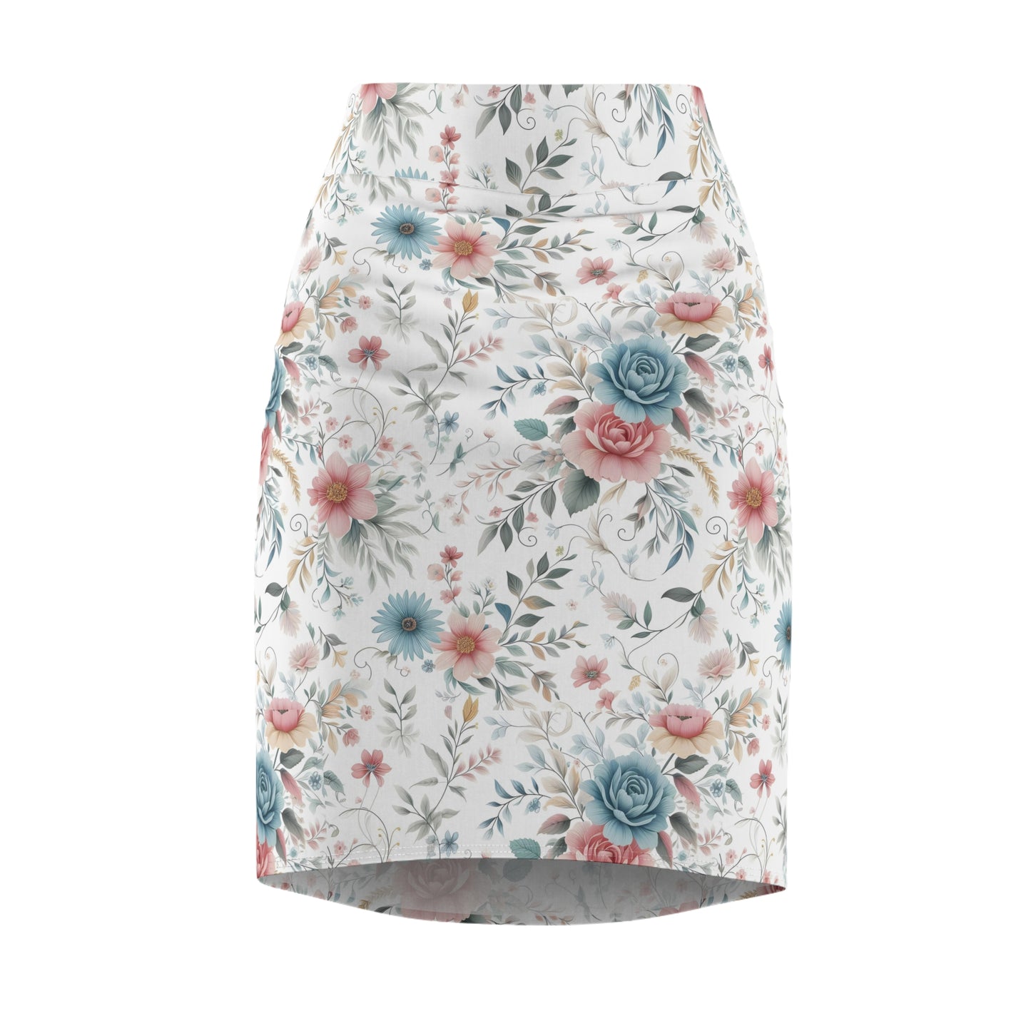 Floral Vintage Pencil Skirt — Pastel Rose & Blue Garden Print