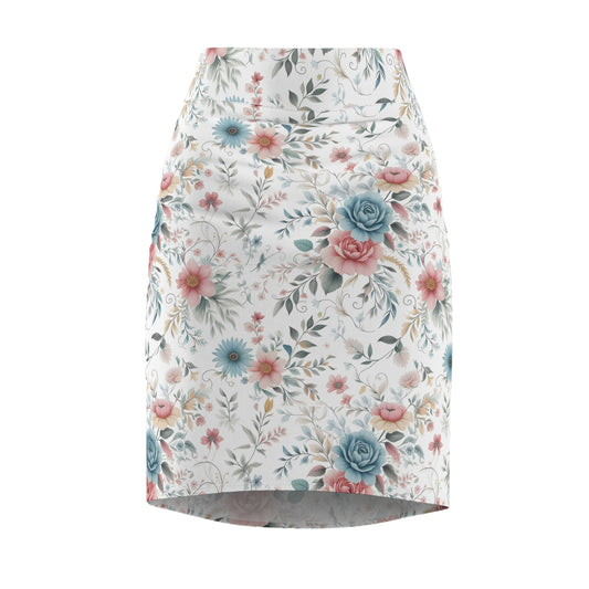 Floral Vintage Pencil Skirt — Pastel Rose & Blue Garden Print