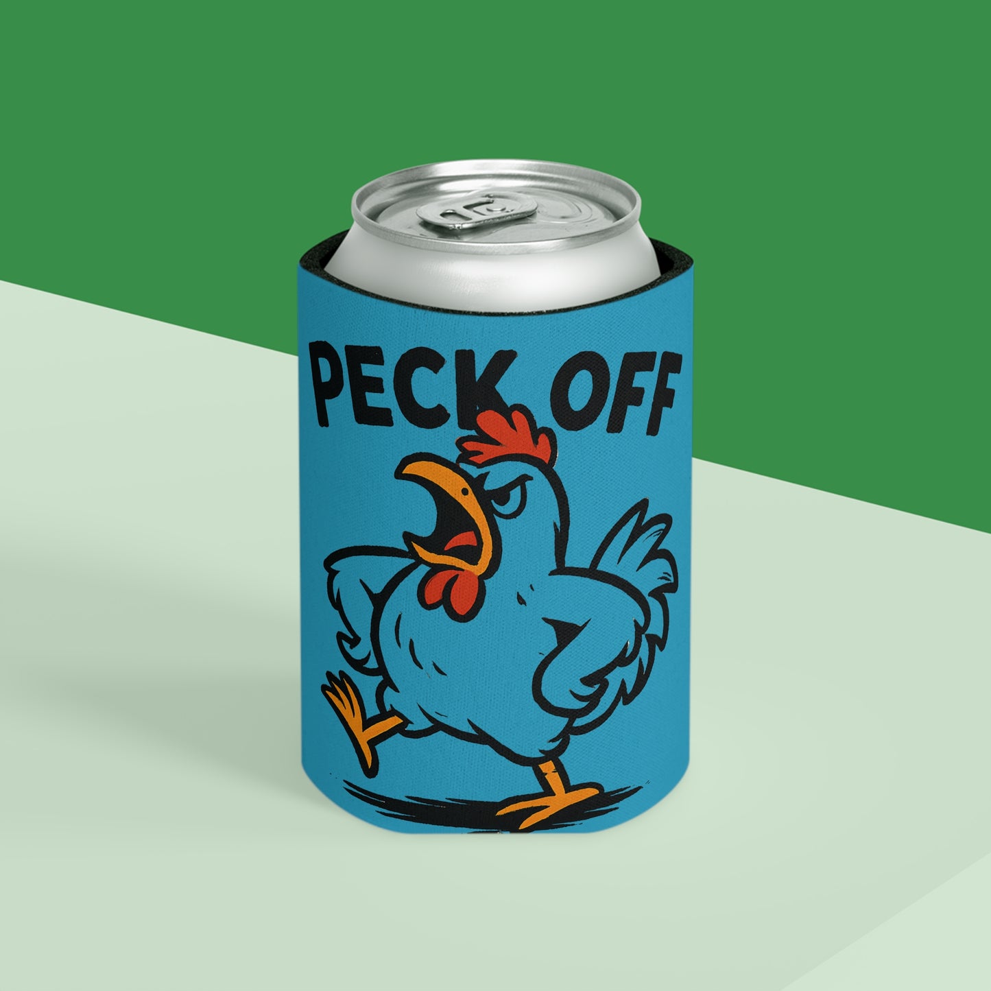 Can Cooler – 'Peck Off' Angry Rooster Drink Holder (Funny Farm Animal Koozie)