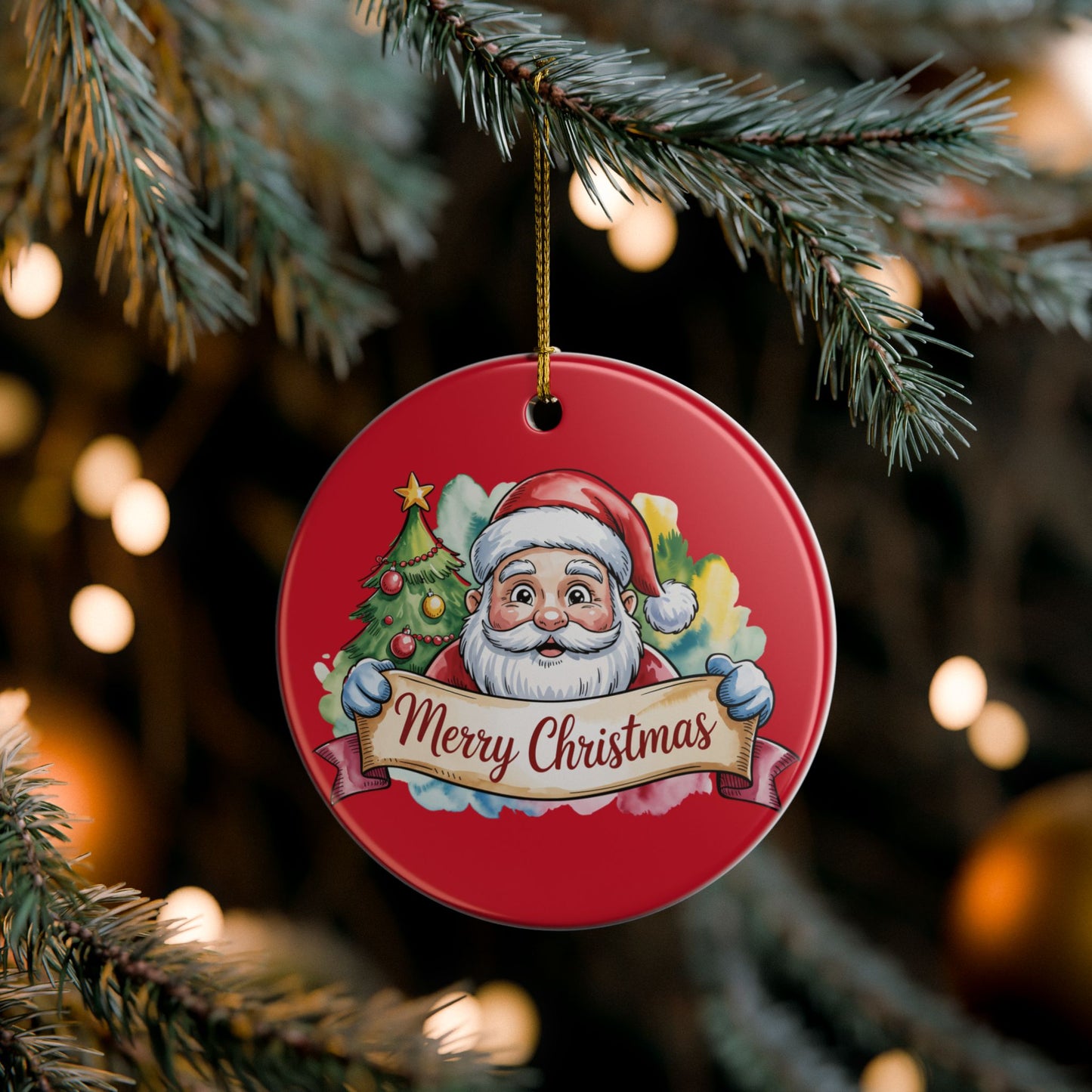 Santa Claus "Merry Christmas" Ceramic Ornament – Double-Sided Holiday Tree Decoration