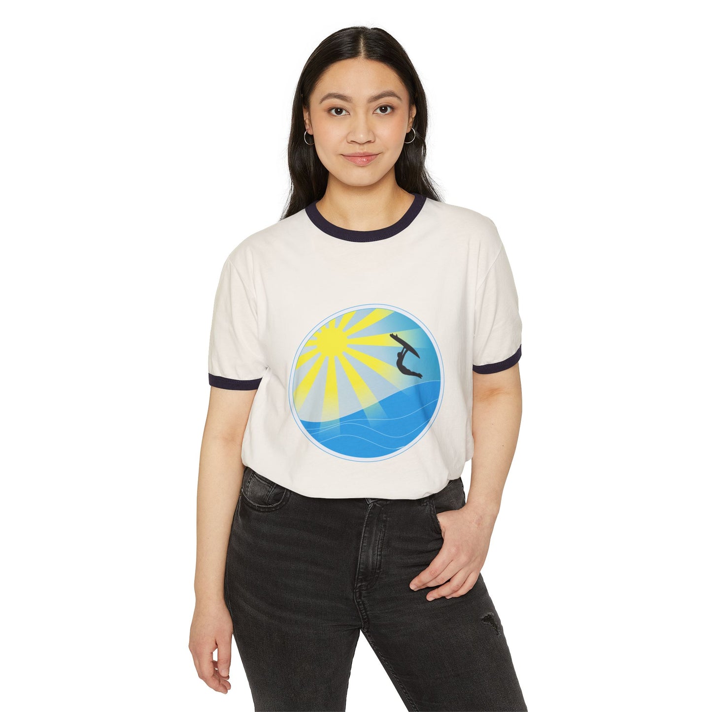 Surf Circle Ringer T-Shirt – Sunny Wave & Surfer Graphic