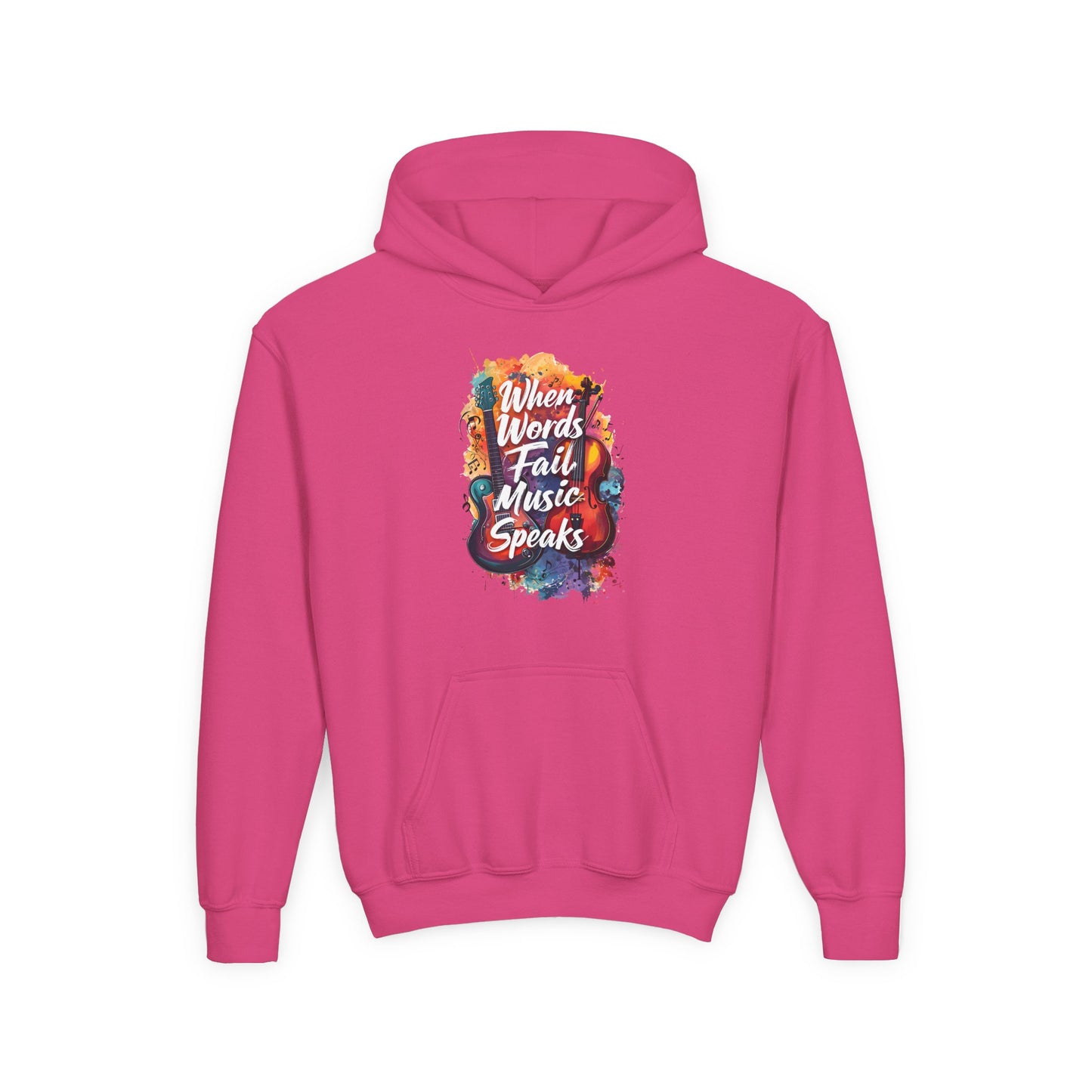 Youth Hoodie — "When Words Fail Music Speaks" Colorful Watercolor Design