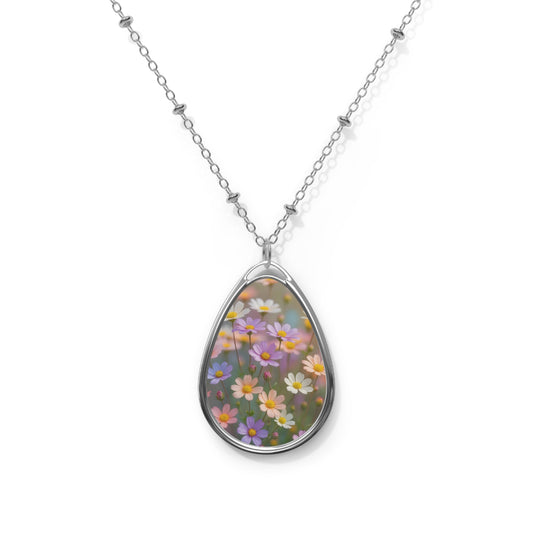 Floral Oval Necklace - Boho Jewelry, Gift for Her, Nature-Inspired, Personalized Pendant, Mother's Day Gift