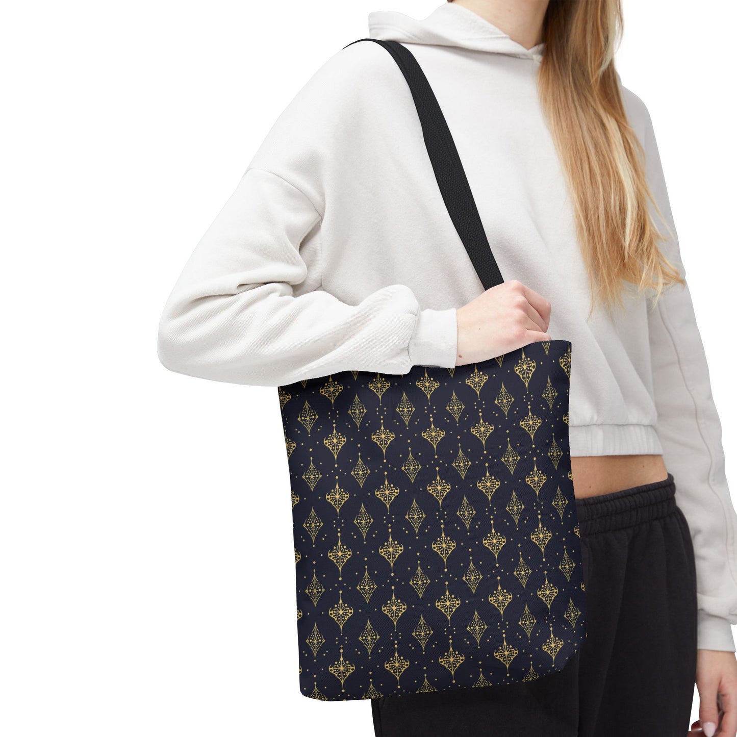 Navy & Gold Art Deco Tote Bag — Elegant Geometric Pattern All-Over Print
