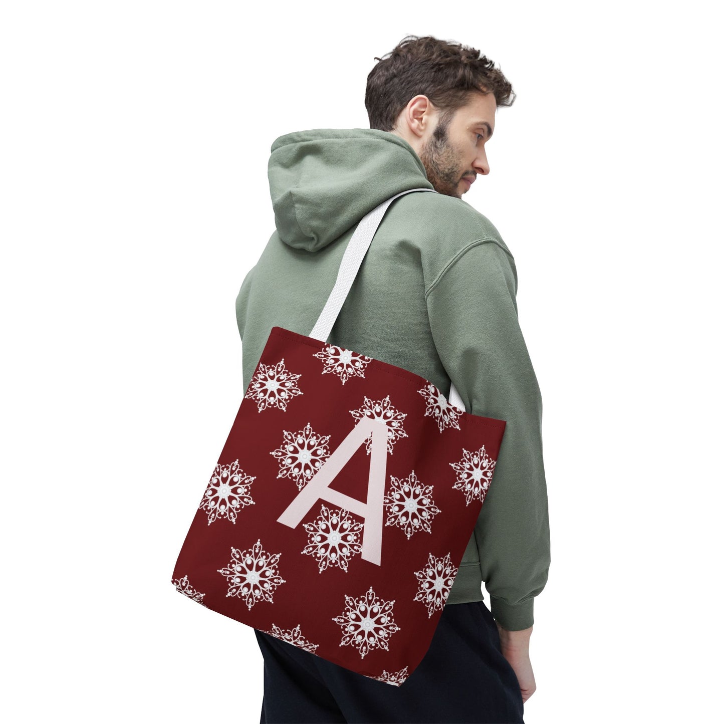 Monogram A Snowflake Tote Bag — Personalized Holiday AOP Tote