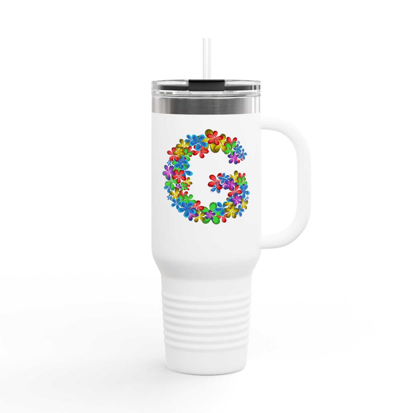Vibrant Floral Insulated Travel Mug, Perfect for On-the-Go- Letter G