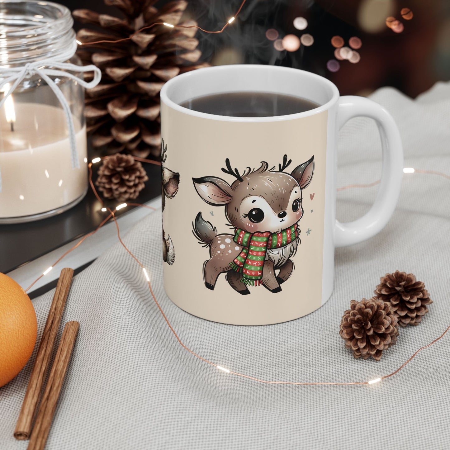 Cute Reindeer Mug — Kawaii Christmas Deer Ceramic Coffee Cup (11oz, 15oz)