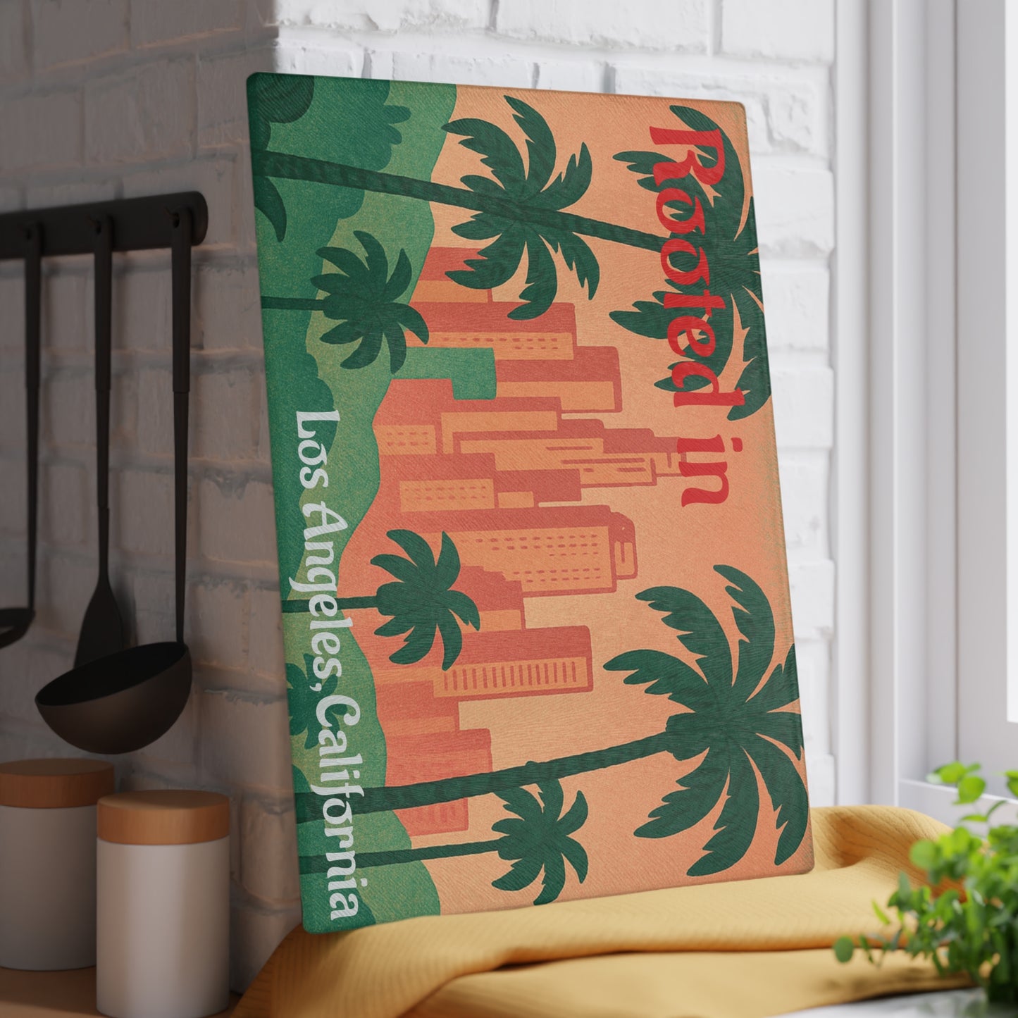Los Angeles Themed Glass Cutting Board, Home Decor, Kitchen Gift, Housewarming Present, Tropical Kitchenware, Palm Tree Design