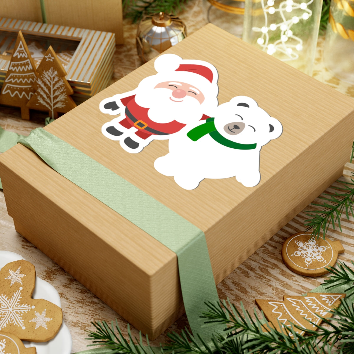 Christmas Santa and Polar Bear Kiss-Cut Sticker