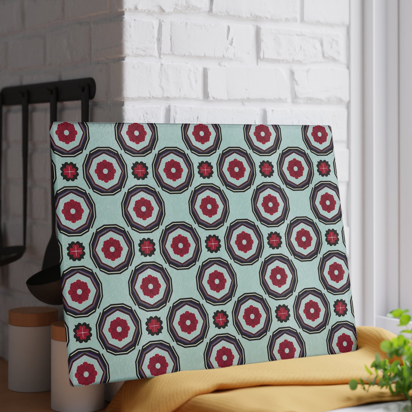 Retro Geometric Glass Cutting Board — Mint & Burgundy Pattern