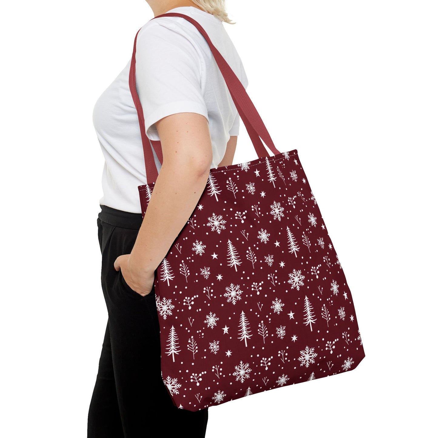 Christmas Snowflake Tote Bag – Burgundy Holiday Patterned Carryall