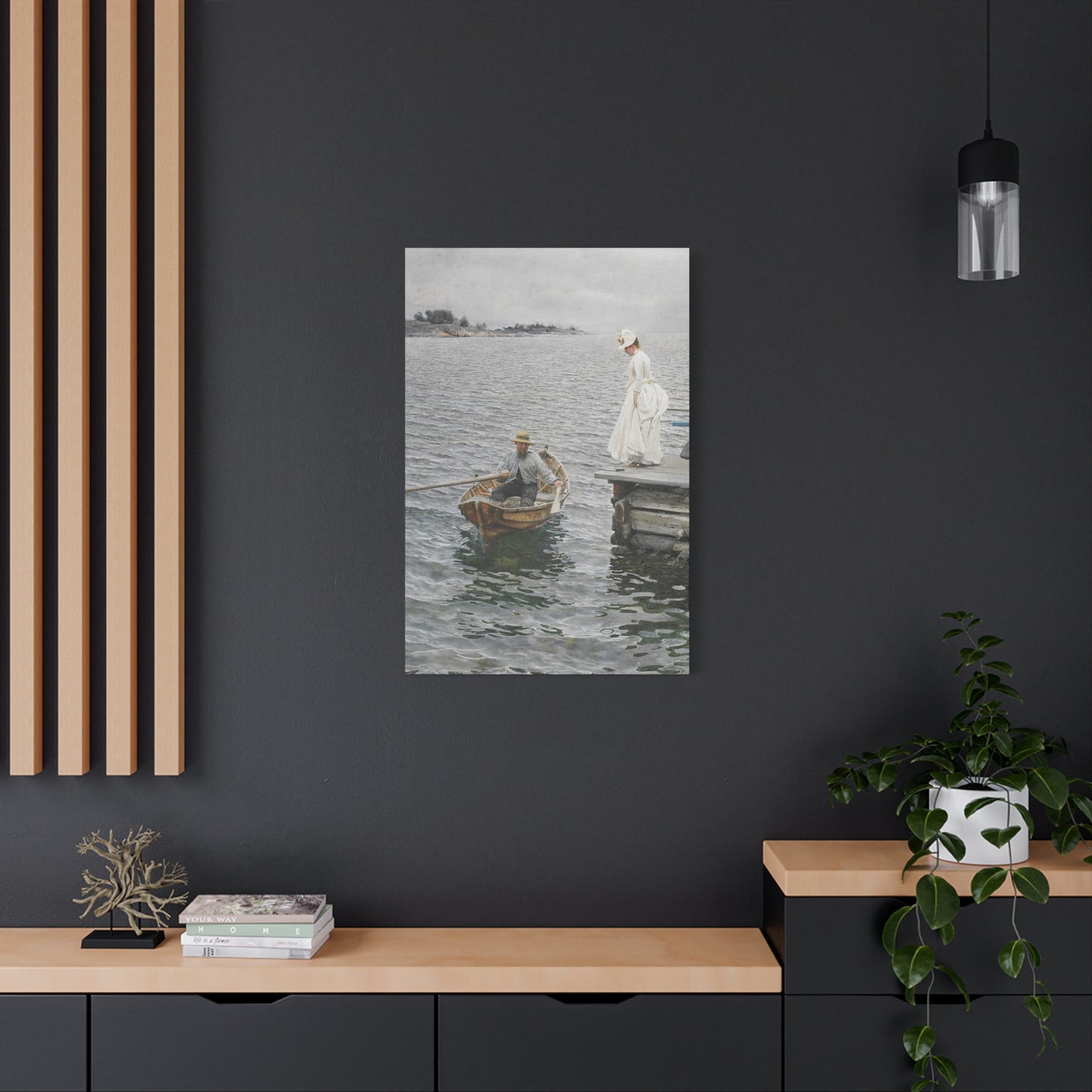 Seaside Stroll Canvas Print — Vintage Woman & Rowboat Matte Stretched Art 1.25"