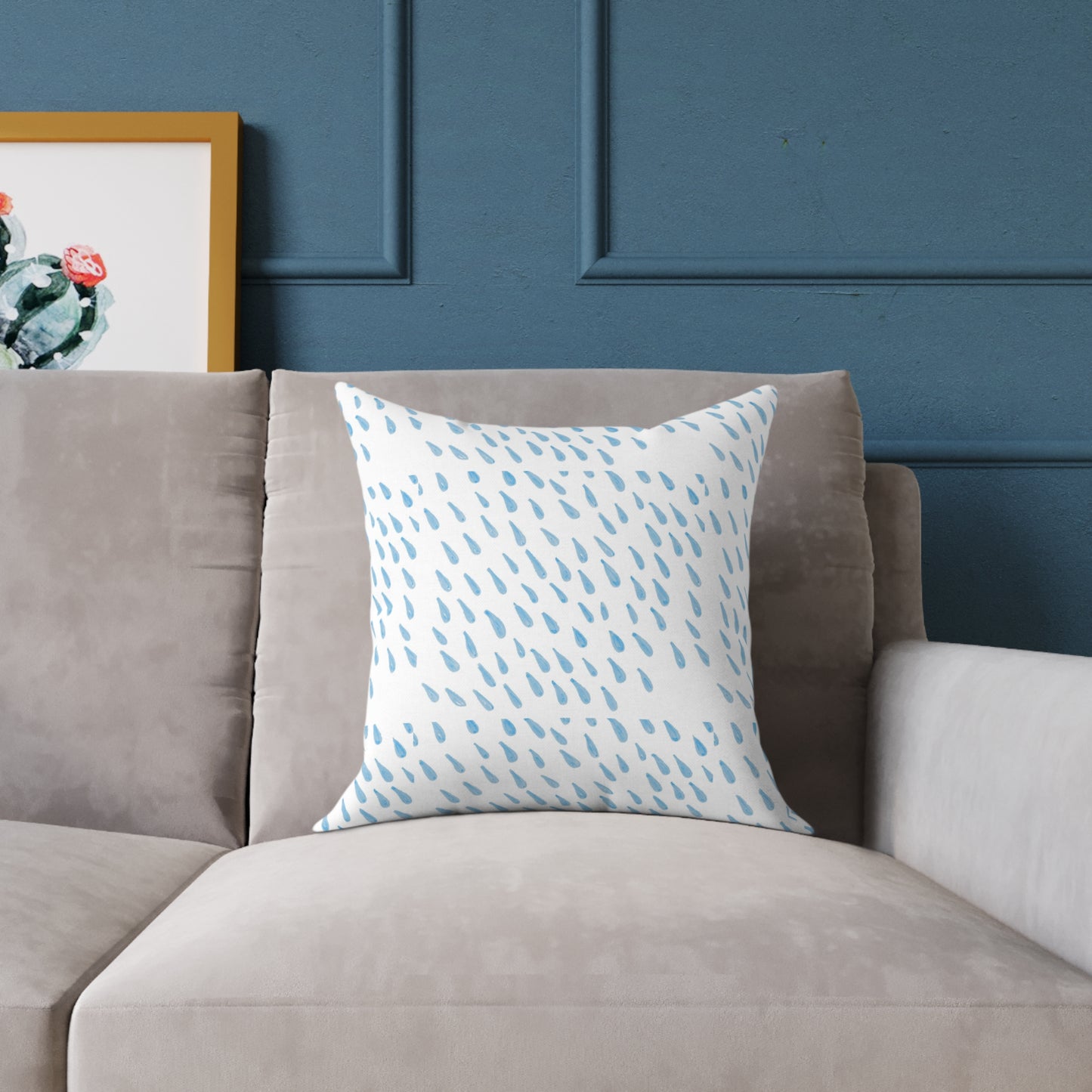 Blue Raindrop Pattern Square Pillow — Minimal Coastal Decorative Throw Pillow