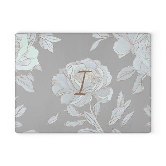 Personalized Floral Glass Cutting Board Letter I