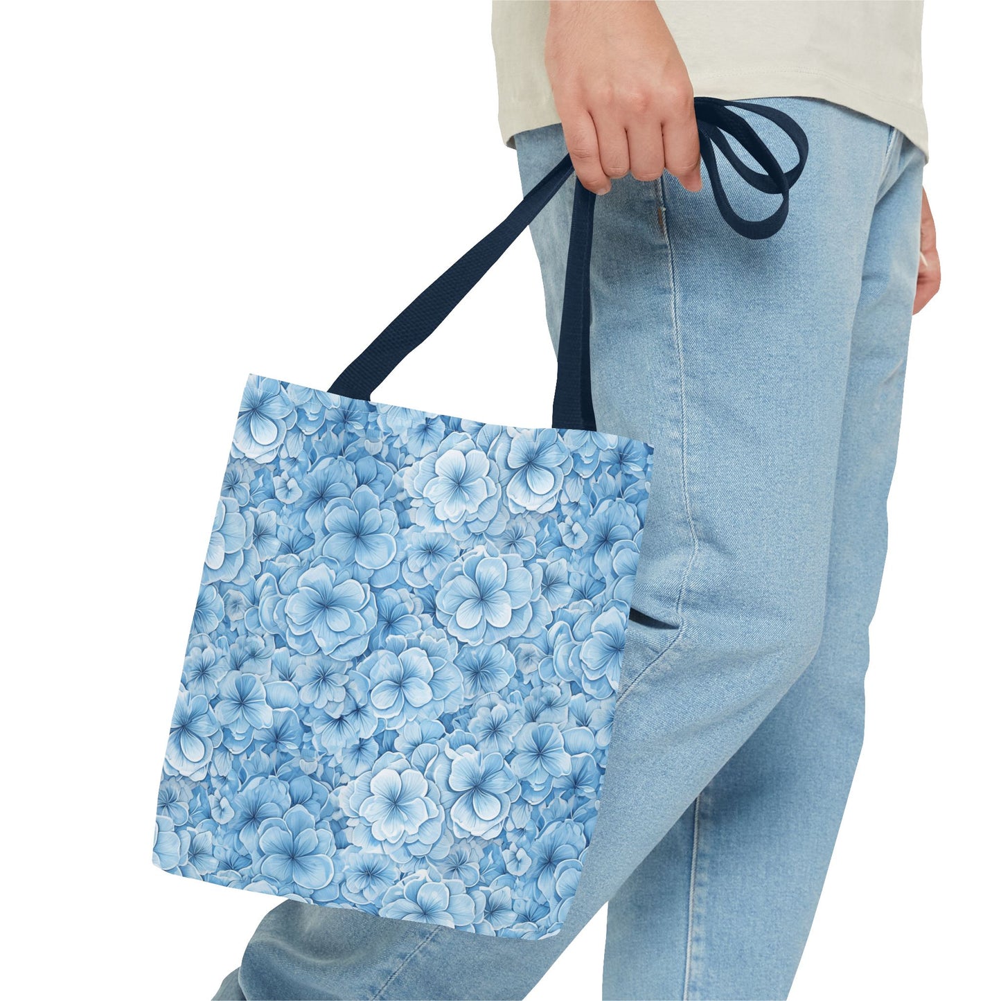 Blue Watercolor Floral Tote Bag — Reusable Flower Pattern Shopper