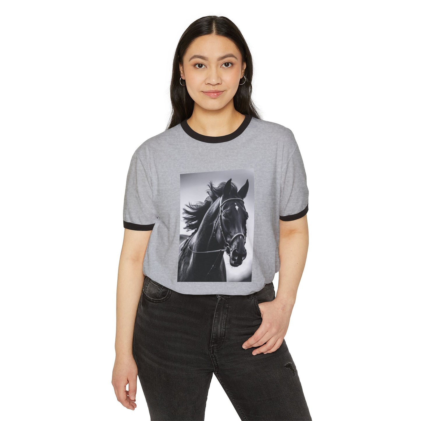 Horse Portrait Ringer T-Shirt — Black Stallion Graphic Tee for Equestrian Lovers