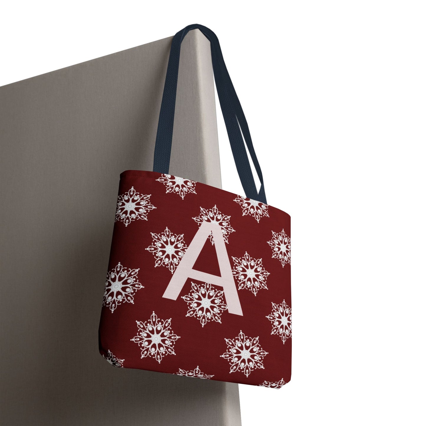 Monogram A Snowflake Tote Bag — Personalized Holiday AOP Tote