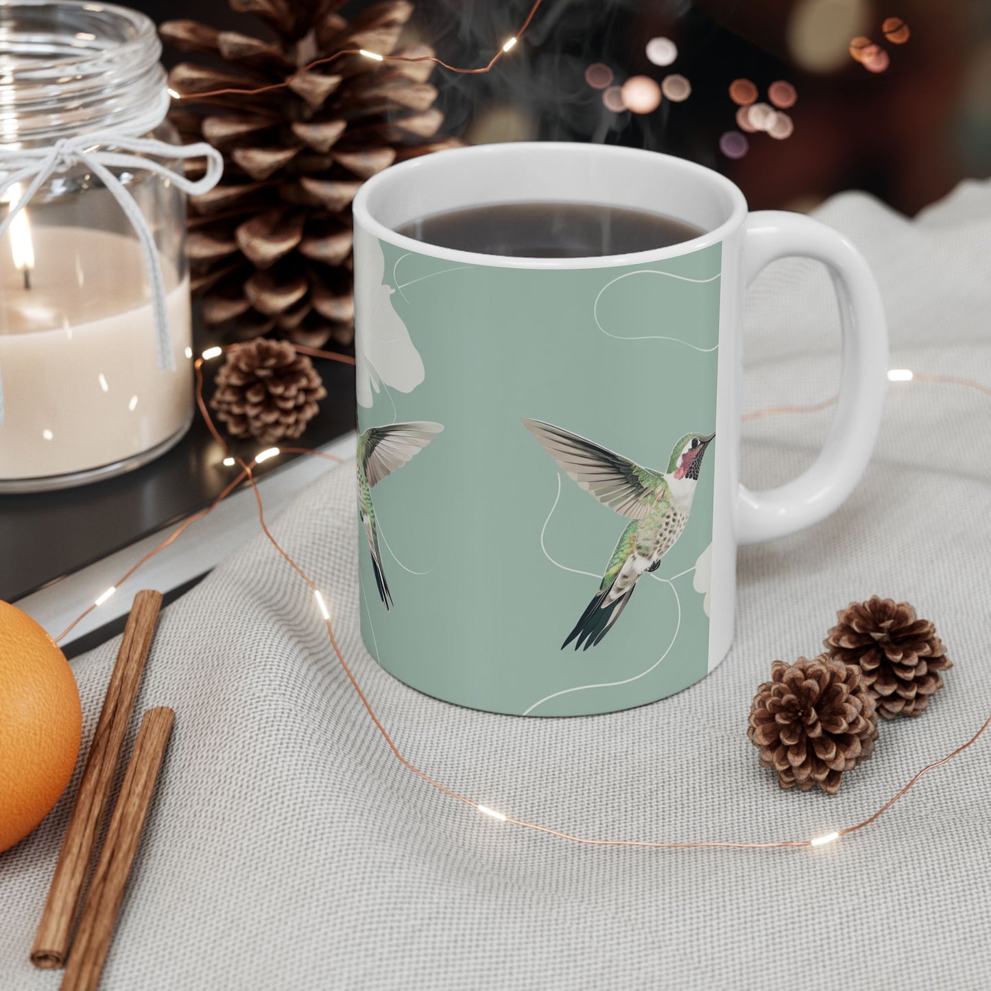 Hummingbird Floral Ceramic Mug – Botanical Mint Coffee Cup (11oz & 15oz)