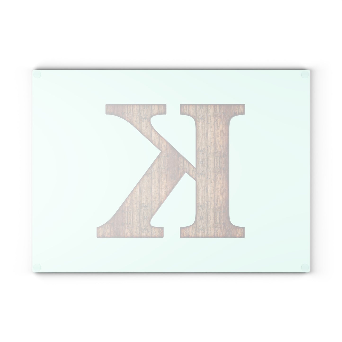 Monogram 'K' Glass Cutting Board — Rustic Wood Letter on Mint Background