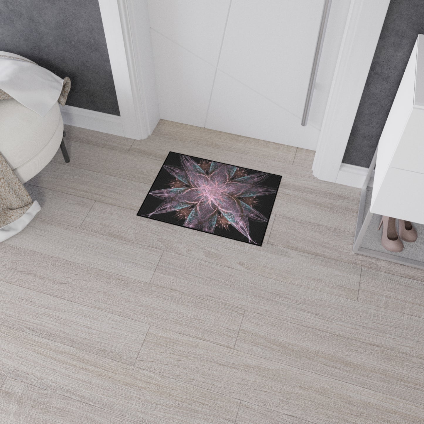 Abstract Floral Mandala Heavy-Duty Floor Mat — Pink Teal Fractal Design