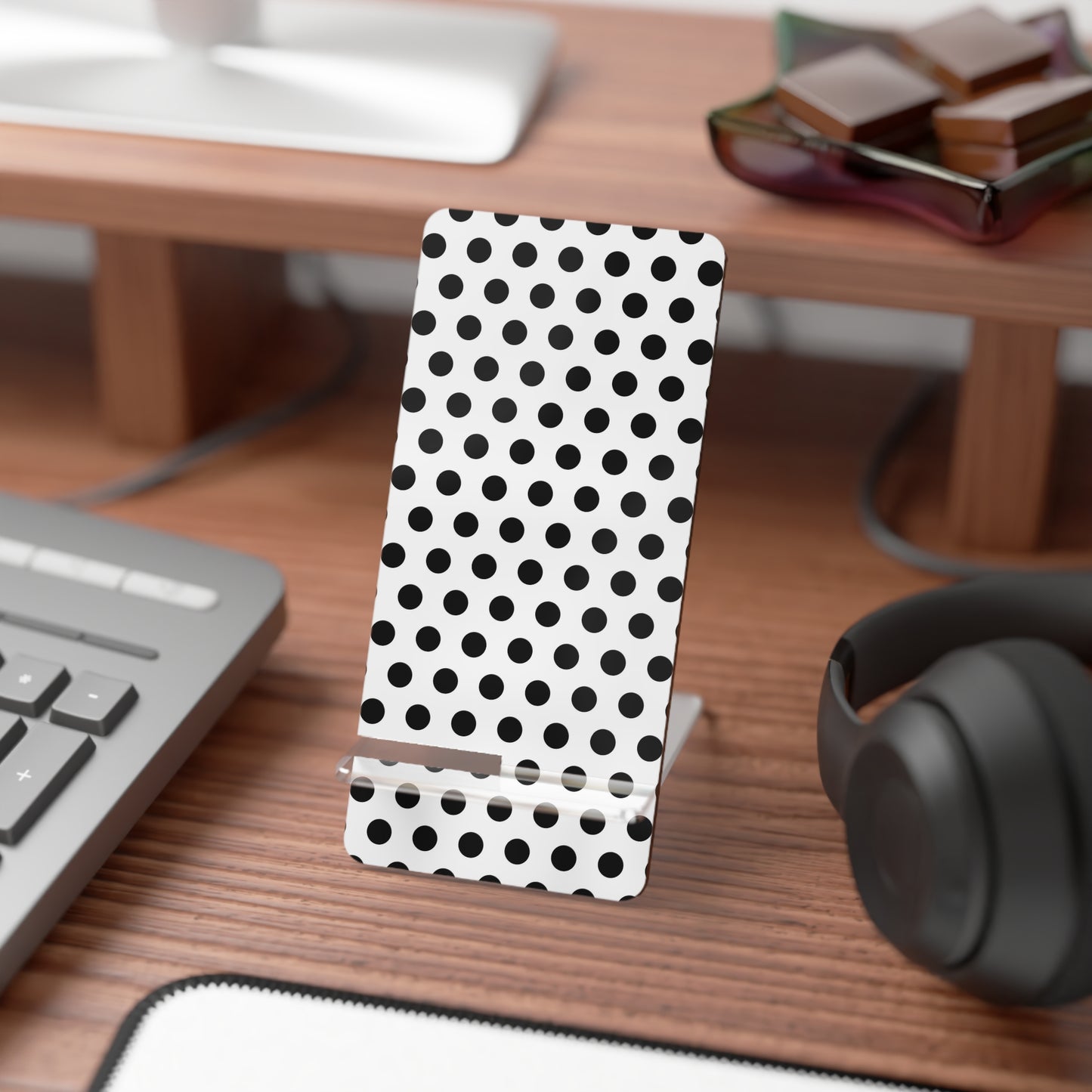 Stylish Mobile Display Stand for Smartphones, Desk Organizer, Phone Holder, Tech Accessory, Gift Idea, Black Polka Dot Design