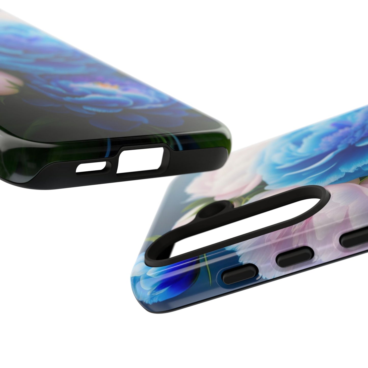 ফ্লোরাল ব্লু পিওনি ফোন কেস — গোলাপী ও নীল ফুলে সজ্জিত মজবুত প্রোটেক্টিভ কেস