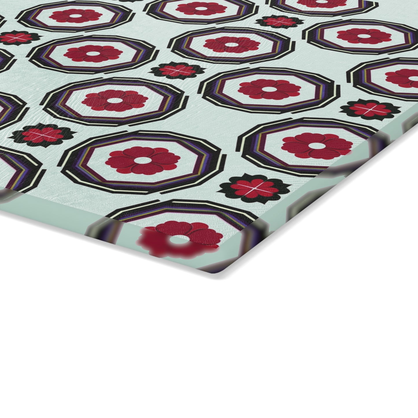 Retro Geometric Glass Cutting Board — Mint & Burgundy Pattern