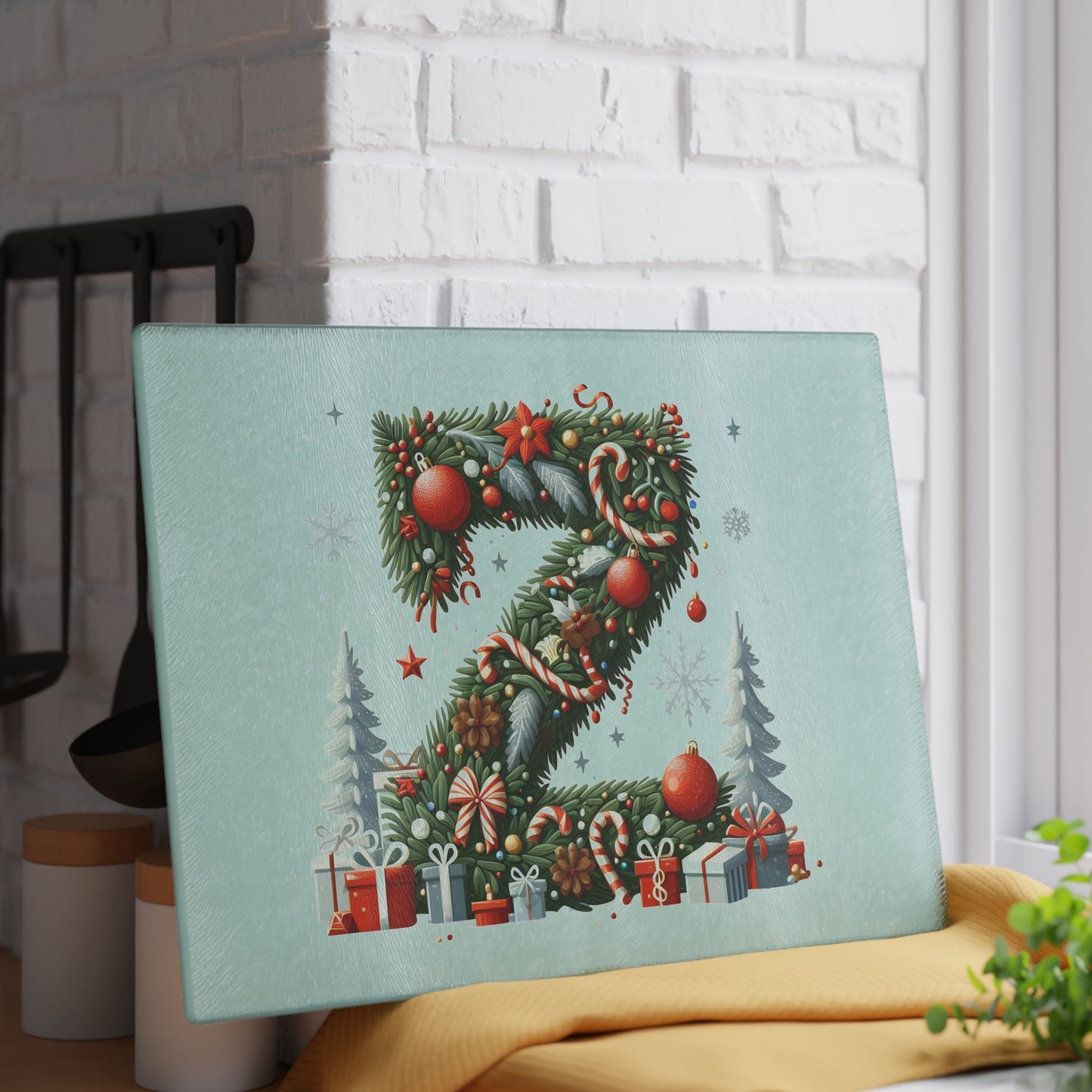 Christmas Wreath Letter 'Z' Glass Cutting Board — Holiday Kitchen Décor with Ornaments & Gifts